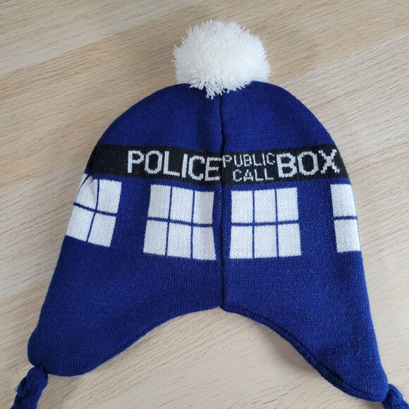 Doctor Who BBC Tardis Hat Laplander Knit Winter Hanging Tassels Police Box Pom - Picture 2 of 5
